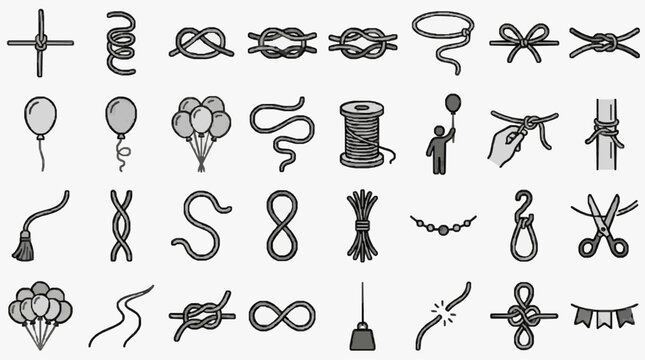 Dynamic Black and White Line Art Icons Set Featuring Knots Balloons Scissors Threads and Various Knot Tying Tools
