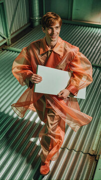 Man in translucent orange coat walks across corrugated metal flooring while holding a white rectangular board under bright overhead lighting. The fabric shows sheer texture and creases.