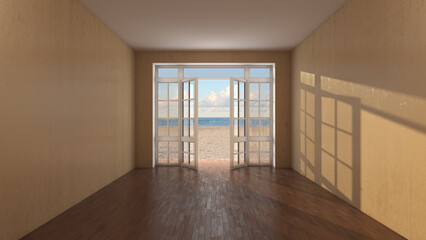 Fototapeta premium Sunlit Empty Interior with Open French Doors Revealing a Sandy Beach and Blue Ocean, Creating a Bright Coastal Living Space with Natural Light, Peaceful Atmosphere, and Modern Design. 3D Illustration