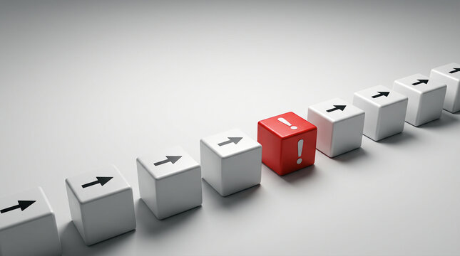 Red Warning Cube with Exclamation Mark in Row of Arrow Cubes