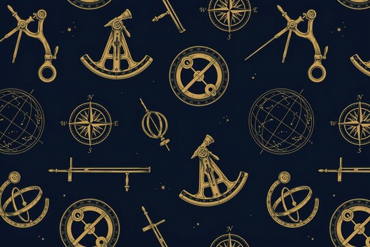Seamless pattern featuring vintage golden navigational instruments, sextants, compasses, and celestial globes on a dark navy blue background