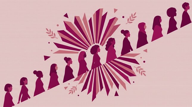 Diverse women silhouettes ascending with geometric burst background pink purple vector illustration for women empowerment diversity and progress concept design