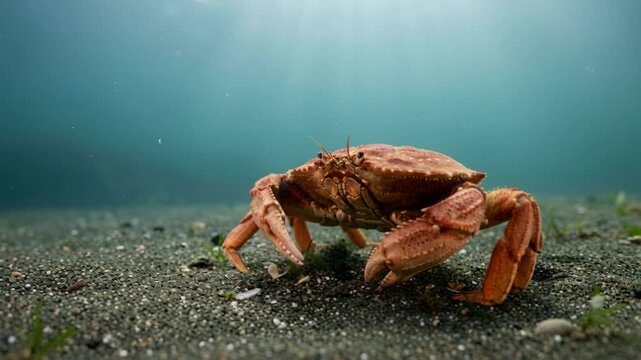 red dungeness crab walking on the pacific coast seabed underwater close up at morning light video