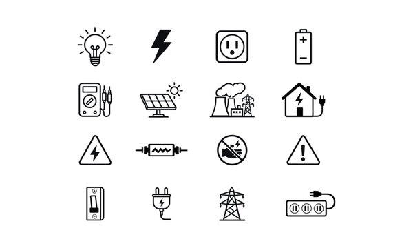 Set of diverse electricity and energy icons for presentations, websites, and educational materials