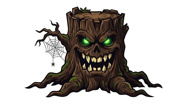 Scary tree stump monster with glowing green eyes and sharp teeth
