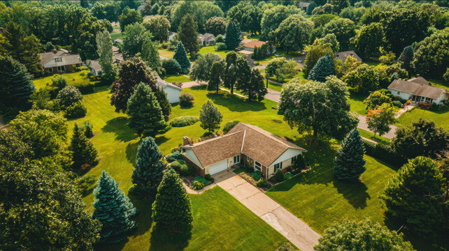 Real estate business market, house home building purchase sale. An aerial view of a residential neighborhood with houses, trees, and lush green grass. The houses have roofs, windows, and doors.