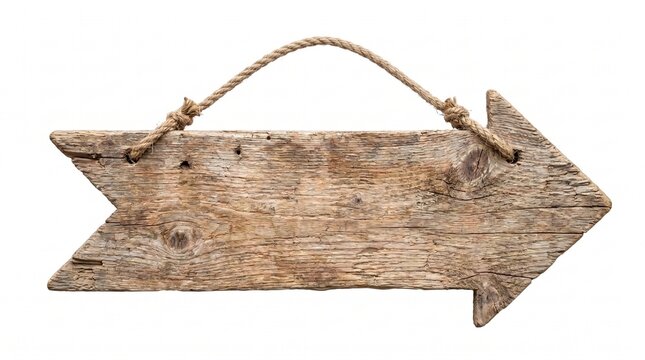 Wooden arrow sign hanging by rope on white
