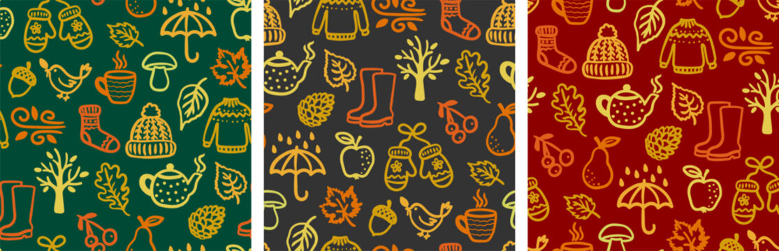 autumn cozy doodle seamless pattern set with sweater mitten tea boot leaf umbrella bird tree on green dark red vector backdrop
