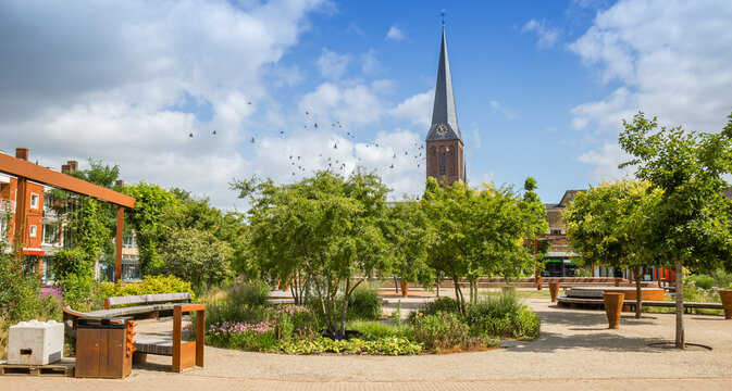 Flowers and trees on the modern market square of Hengelo, Netherlands