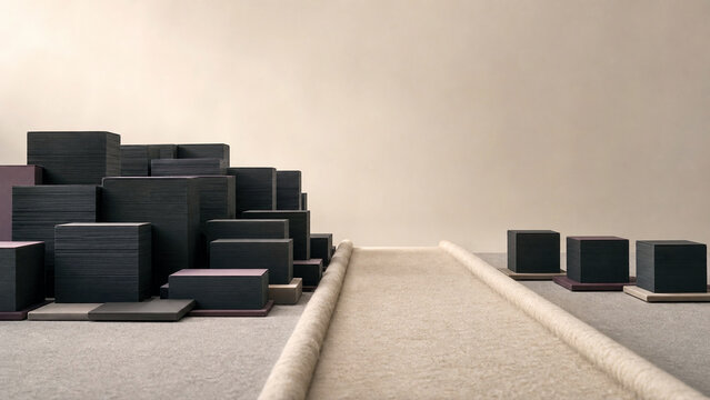 Abstract 3D conceptual path leading through minimalist block city