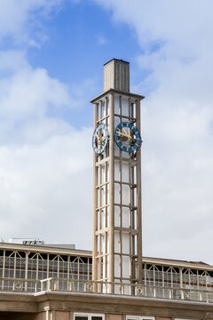 Modern clock tower of the railway station in Hengelo, Netherlands