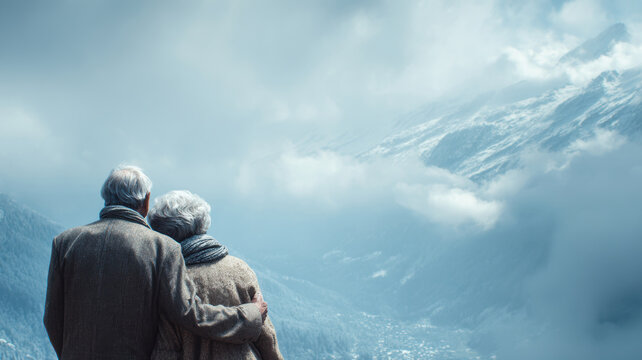 Lovely couple romantic moment. An elderly couple standing atop a mountain, gazing out over a valley below. The man and woman wear jackets.