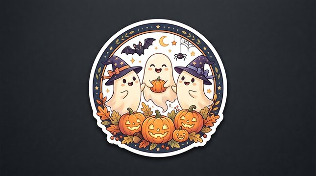 Cute halloween ghosts with pumpkins and witch hats illustration