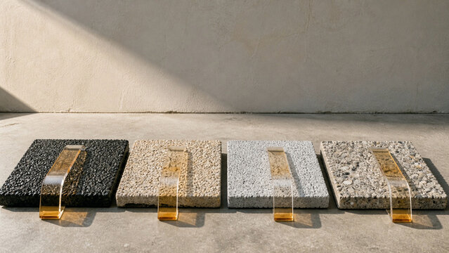 Resin bound aggregate and terrazzo material samples on concrete
