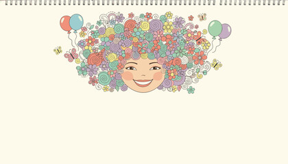Fototapeta premium Smiling girl with a head full of beautiful colorful flowers, butterflies, and floating balloons on a cream background.
