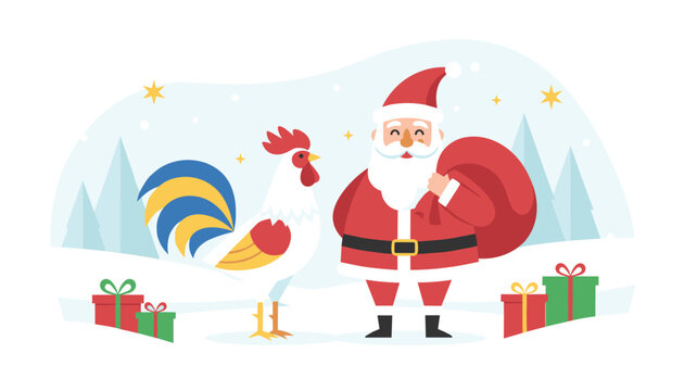 Cheerful Santa Claus holding a red gift sack standing next to a colorful rooster in a beautiful snowy winter landscape.
