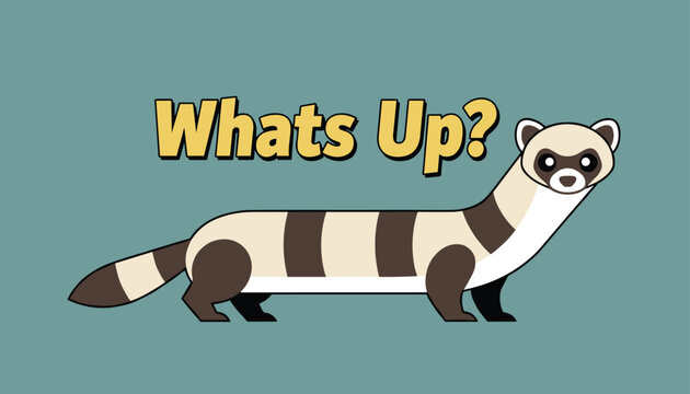 Friendly striped ferret cartoon character standing on a soft teal background with the cheerful text greeting Whats Up.