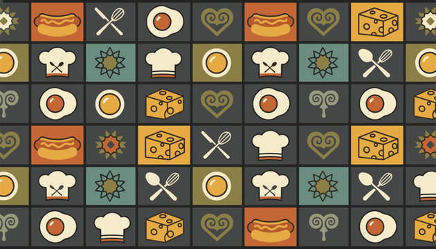 Retro kitchen seamless grid pattern with icons of hotdogs, fried eggs, cheese slices, chef hats, and crossed spoons.