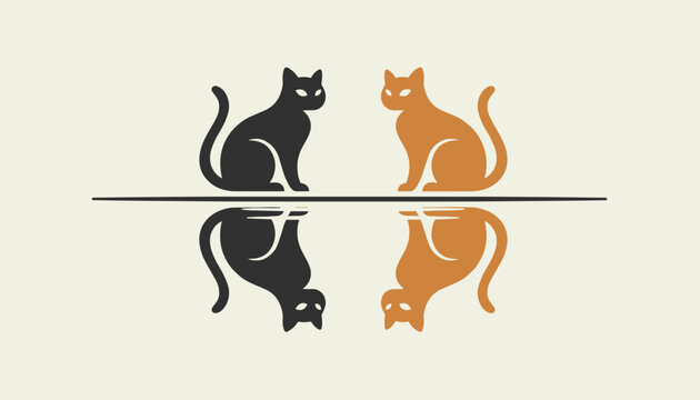 Silhouette of a black cat and a ginger cat sitting opposite each other with their mirror reflections below on a beige background.