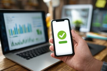 Fototapeta premium Close up of hand holding smartphone with green check icon display and laptop in background smartphone checkmark verified approval technology business validation confirmation positive