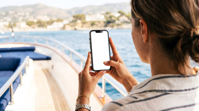 "Hand holding mobile phone with blank white screen mockup on luxury yacht deck, woman using boat charter and maritime navigation app on ocean cruise vacation, travel concept"
