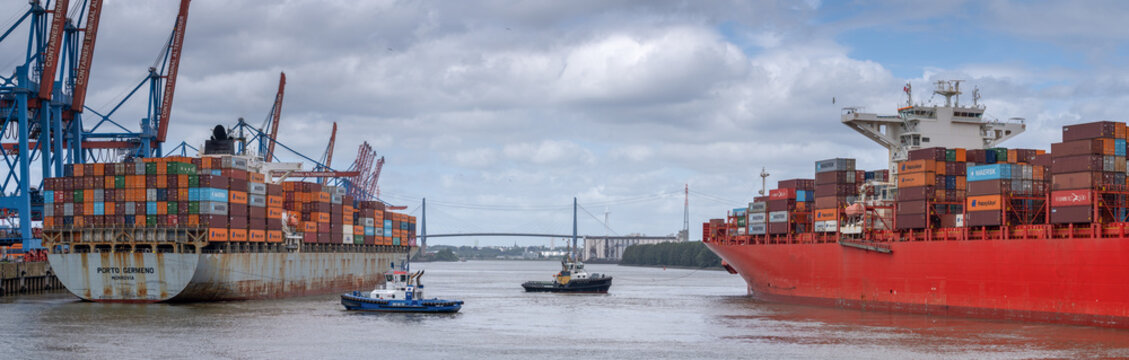 Container Ship, Tugboat and Cranes at Container Terminal Altenwerder, Hamburg Germany, 19.07.2026