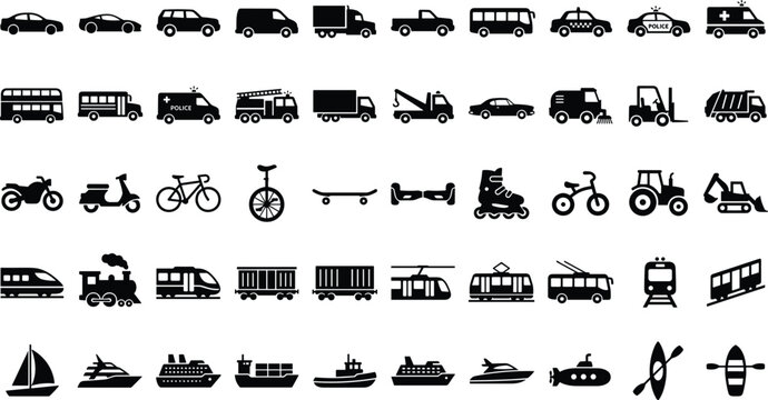 Transportation Silhouette Icon Set Featuring Land, Rail, Air, and Water Vehicles