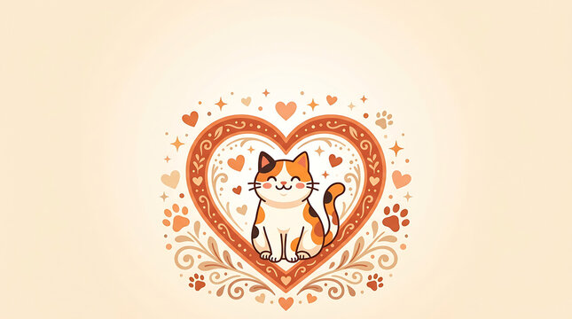 Cute Calico Cat Sitting Inside Heart Frame Illustration