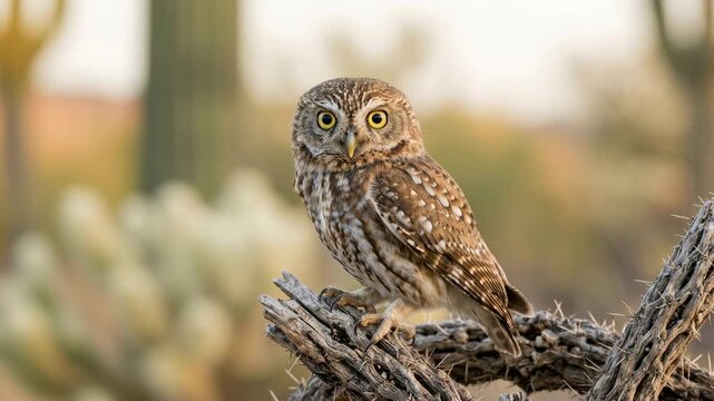 elf owl portrait perched in saguaro cactus at soft morning light video
