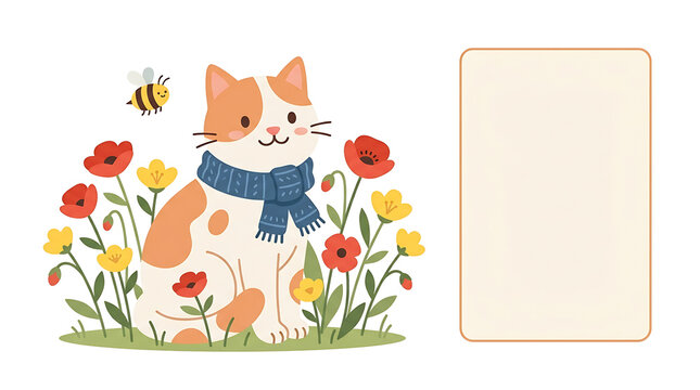 Cute Cat with Scarf in Flower Field Illustration
