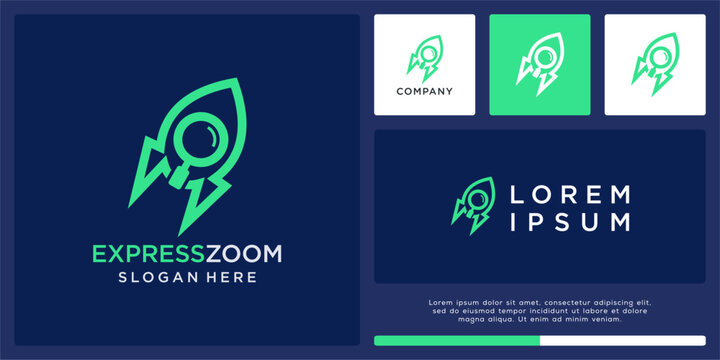 Express zoom logo design with magnifying and rocket