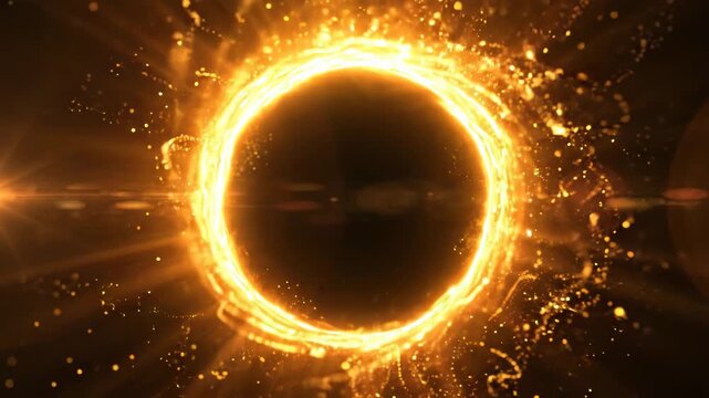 Abstract glowing golden ring of fire or energy portal with light rays on a dark background