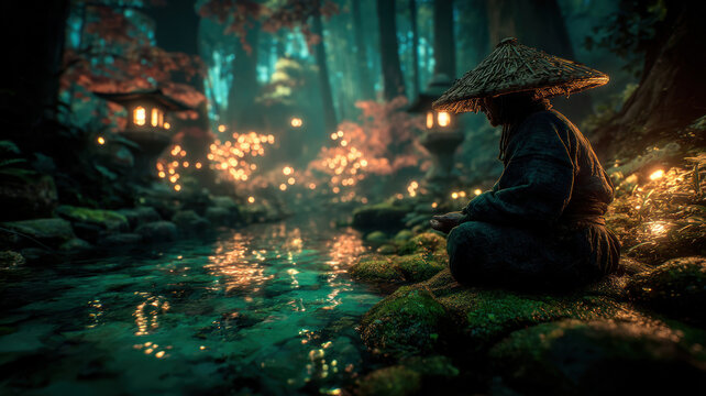 Zen Buddhism, meditation, inner peace, Chinese Japanese Asian tradition. Therapy stress release treatment, health lifestyle. A woman in a conical hat meditating by a river.