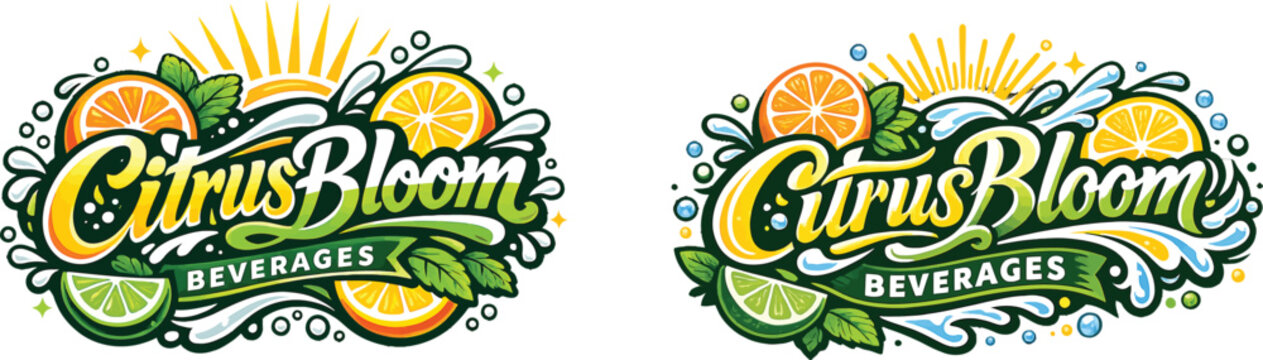 Citrus bloom beverages logo set with fresh orange and lime fruit