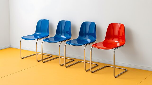 Blue waiting room chairs with one red chair representing individuality and leadership