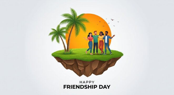 Group of diverse friends standing together on a floating island with palm trees and a large orange sun in the background, celebrating friendship day with a cheerful