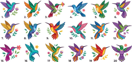 Fototapeta premium Colorful hummingbird vector icons set with flying tropical birds and floral elements