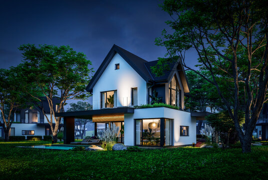 3d rendering of contemporary architectural luxury house exterior at night. Modern Scandinavian style family home, dramatic exterior lighting and garden landscaping at twilight