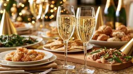 Fototapeta premium New Year Countdown Party Table Setup with Champagne, Appetizers, and Festive Party Hats