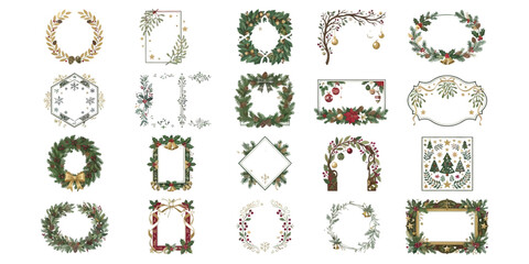 Naklejka premium Christmas wreaths, garlands, frames, and decorative elements for holiday design