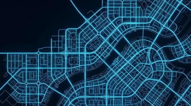 High tech digital smart city road network map with glowing blue neon lines for urban planning