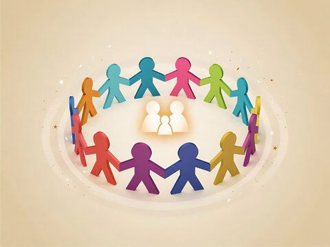 Colorful group of people holding hands in unity circle formation