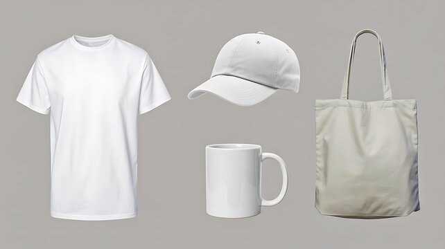 Blank white promotional merchandise mockup set with apparel accessories and mug