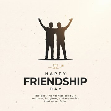 Silhouette of two friends standing with arms raised in celebration, featuring the text happy friendship day and a quote on a textured beige background