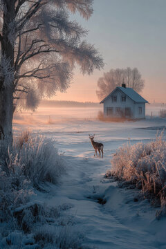 Winter season adventure exploration. A deer standing in the snow near a house, surrounded by plants and a tree. The sky is visible in the background.