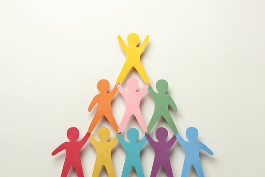Colorful paper cutouts forming a teamwork pyramid shape