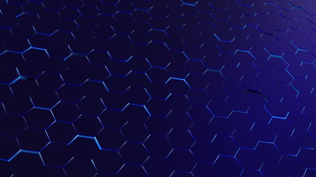 Dark geometric hex tile visual blue neon outlines, purple gradient depth, clean abstract pattern. technology backgrounds, science explainers, product videos, and modern motion overlays.