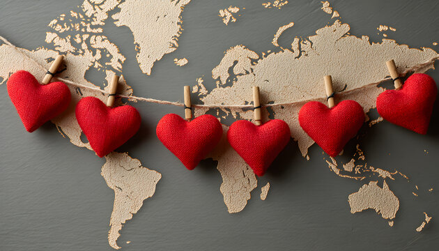 Red hearts connected by string over world map symbolizing global love, unity, and connection