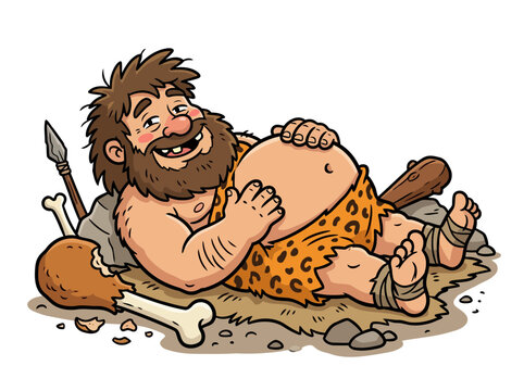 Happy Caveman Lying Down After Eating Food.