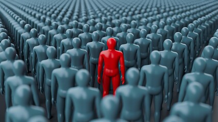 Obraz premium Leadership concept with red figure standing among grey crowd representing individuality